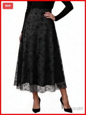Floral Chiffon Midi Skirt High Waist A-Line Side Zipper Elastic Waist